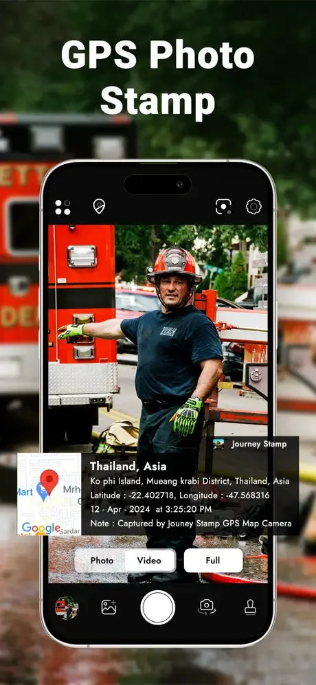 GPS camera app displaying geotagged photo with location coordinates, timestamp, and embedded map details