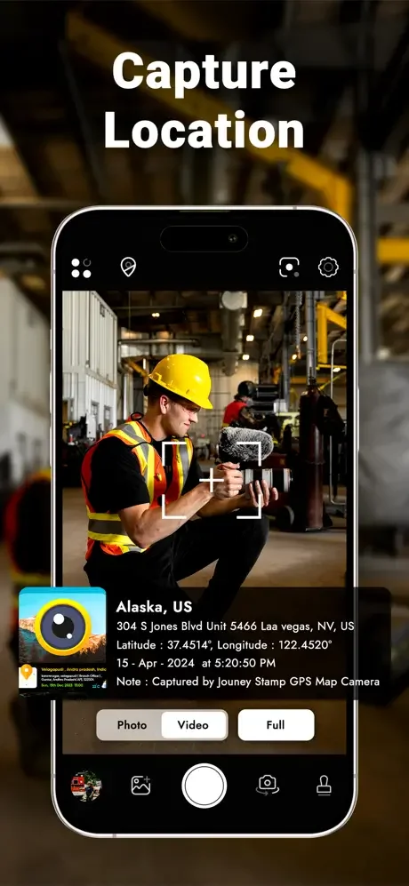 Geotagged photo interface showing GPS location, address details, latitude/longitude, and timestamp