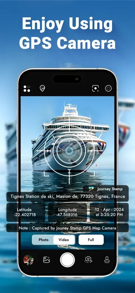 GPS camera app with targeting reticle capturing geotagged photos of locations with embedded coordinates