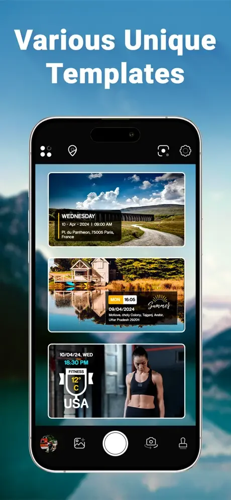 Photo template library showing customizable GPS overlays with date, time, location, and text options