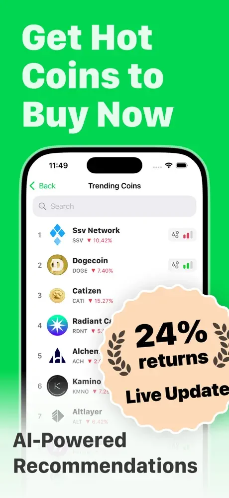 TradeGPT trending cryptocurrency screener showing hot coins with AI-powered recommendations, live price changes and returns