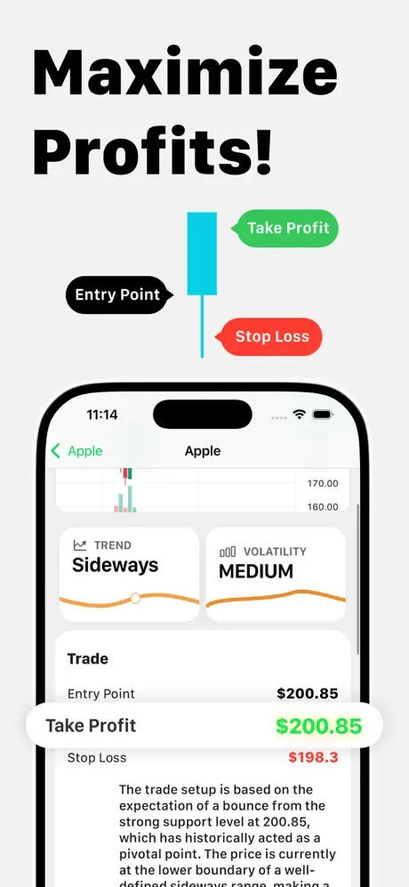 TradeGPT trading setup showing entry point, take profit, stop loss levels with sideways trend and medium volatility analysis