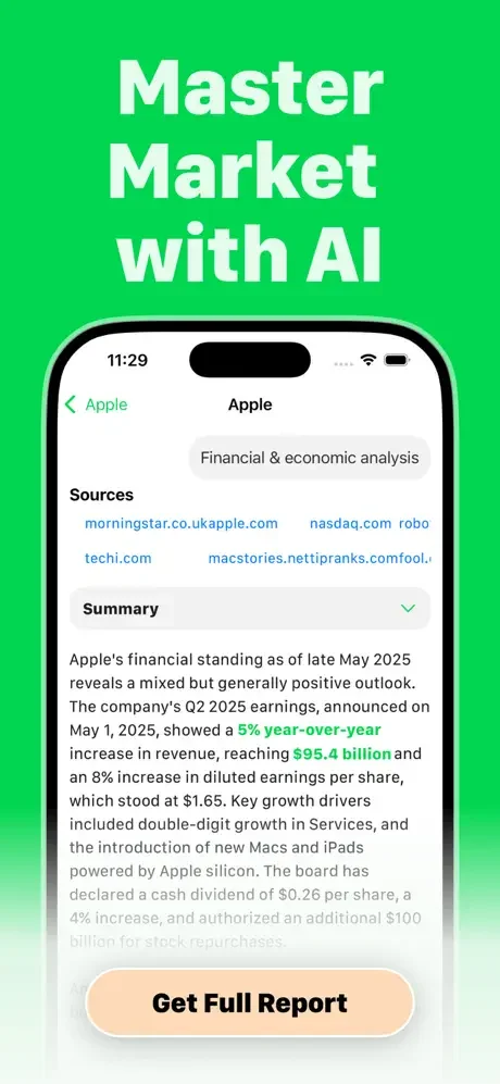 TradeGPT financial analysis dashboard providing AI-powered economic insights, sources, and detailed stock research reports