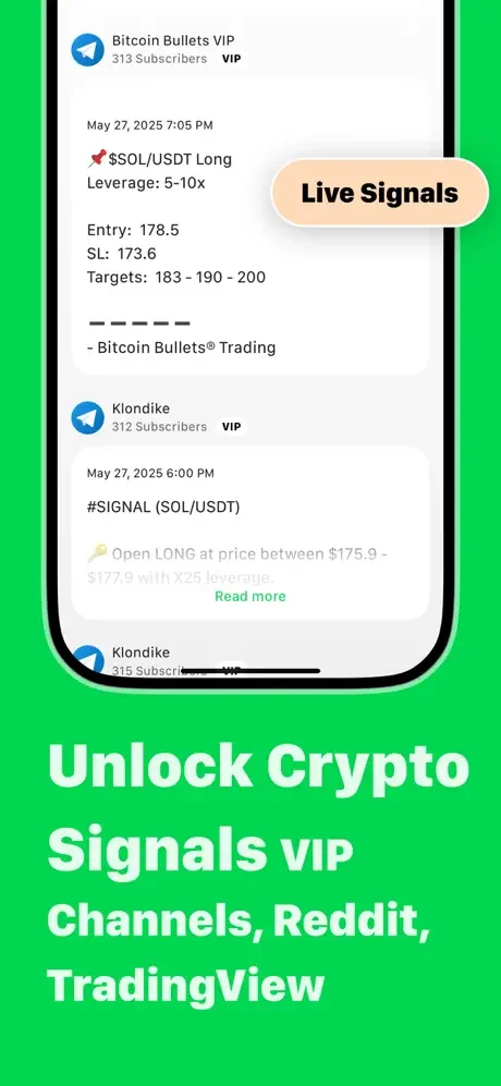TradeGPT live crypto trading signals showing Bitcoin Bullets VIP channel with leveraged trades, entry points and profit targets