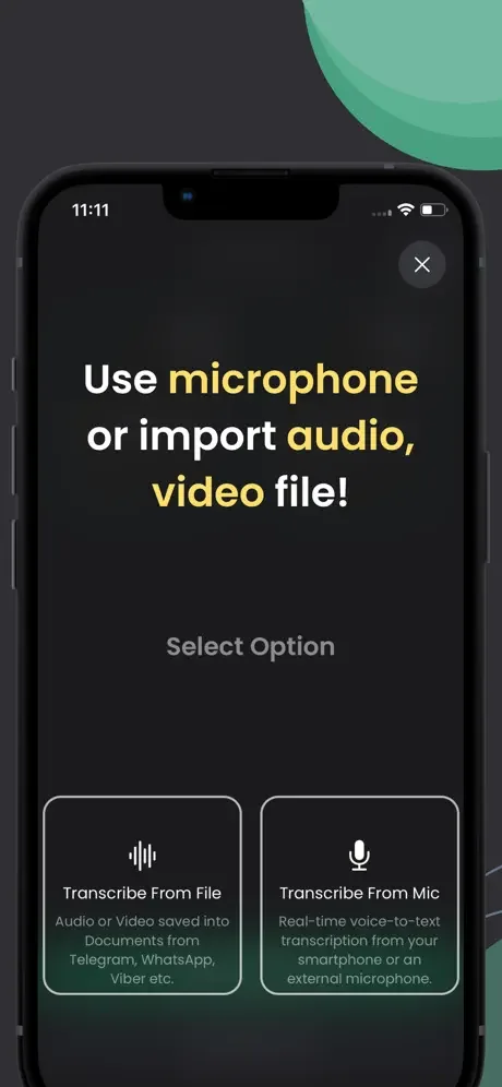 Speech-to-text app menu with two options: Transcribe From File for audio/video and Transcribe From Mic for real-time
