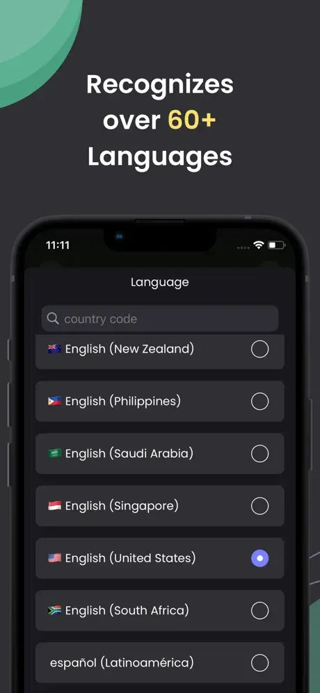 Language selection screen showing 60+ languages supported including English variants and Spanish for speech recognition