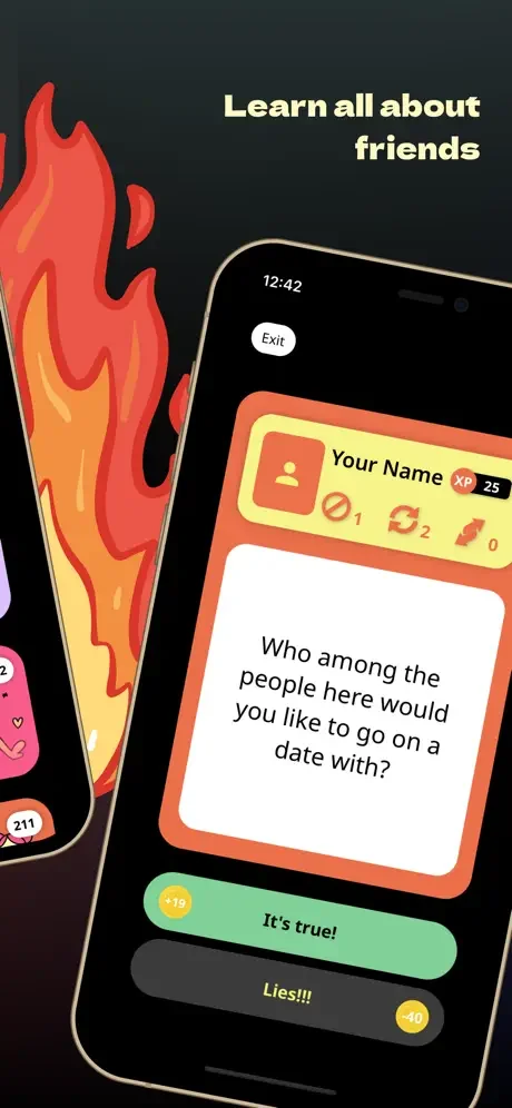 Gameplay question interface asking which friend to date, with truth and lie response buttons for dares