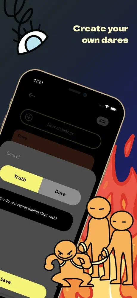 Custom dare creation interface allowing players to write and organize their own truth and dare questions
