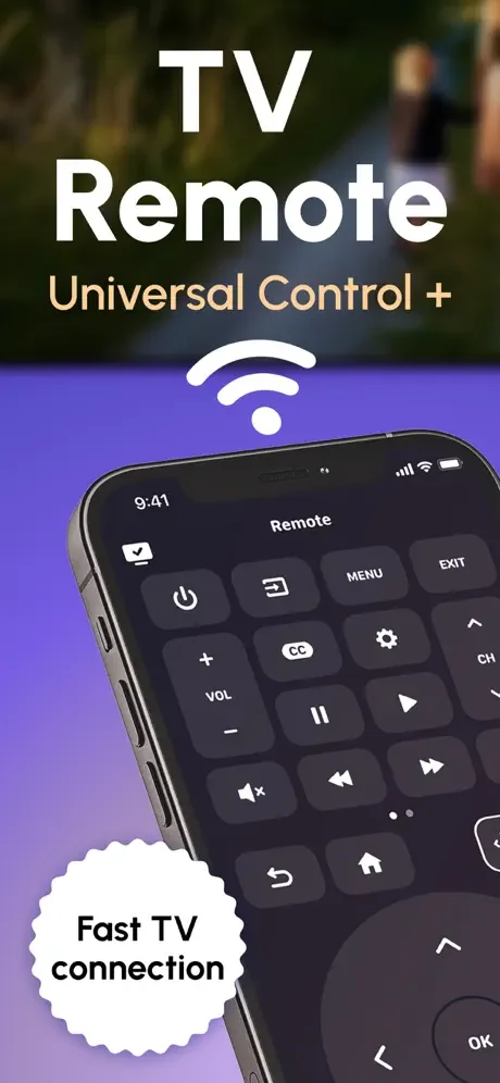 TV Remote app displaying universal remote control buttons with fast WiFi connection to smart TV