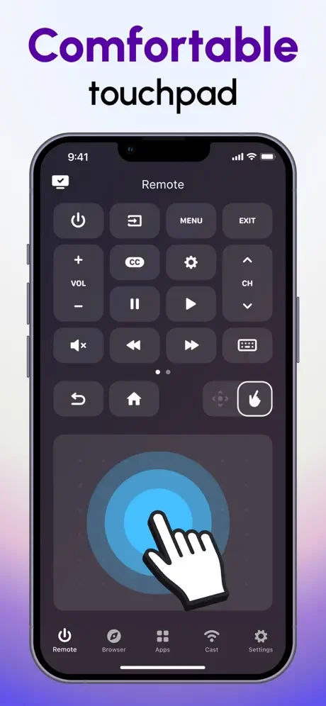Phone remote control interface featuring comfortable touchpad for TV gesture-based navigation