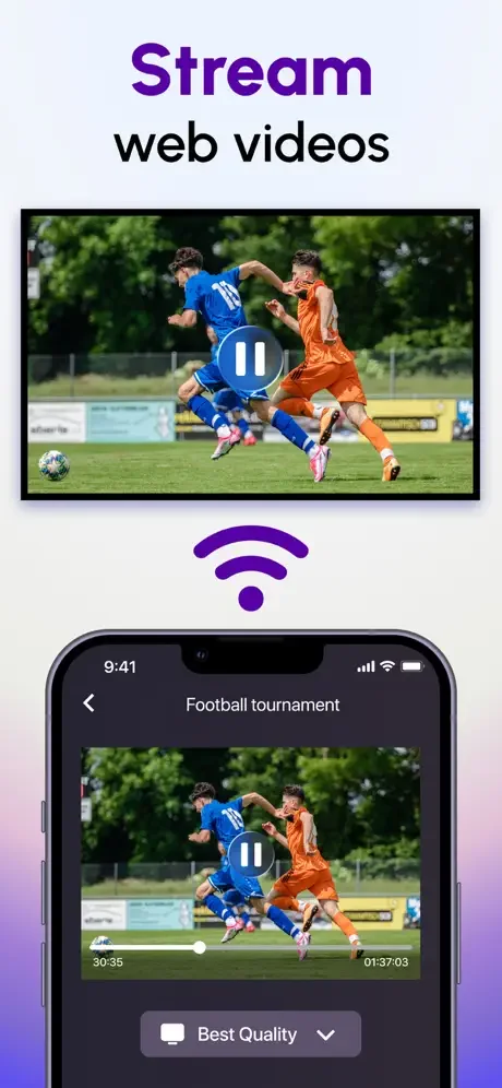 Smart TV web video streaming player showing football game with playback controls and quality settings