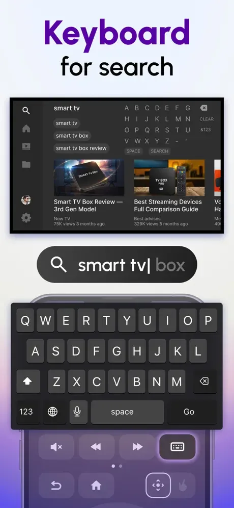 Keyboard search interface for smart TV using phone QWERTY keyboard with search results display