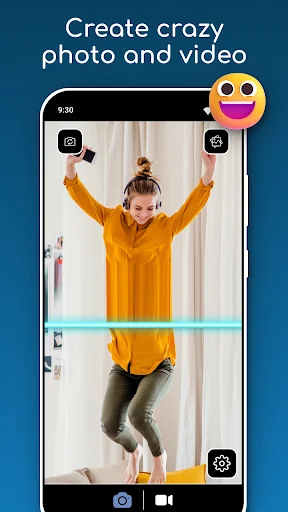 Full-body TIME WARP SCAN effect showing jumping person with distorted stretching effect and camera controls in video app