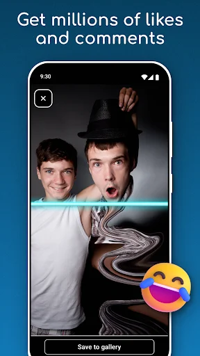 Side-by-side face distortion effects with TIME WARP SCAN filter and save to gallery button for sharing social media content