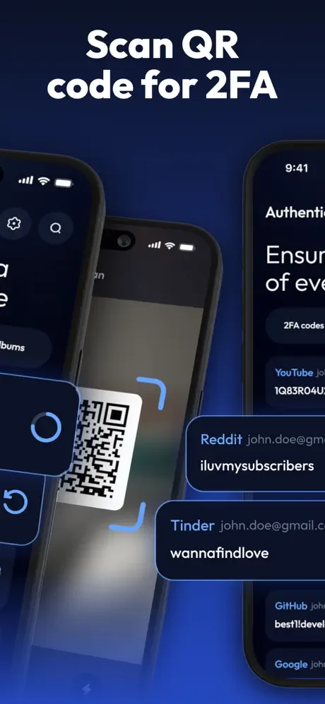 QR code scanner in Two Factor Authenticator app for adding new 2FA accounts with visual frame overlay and account verification