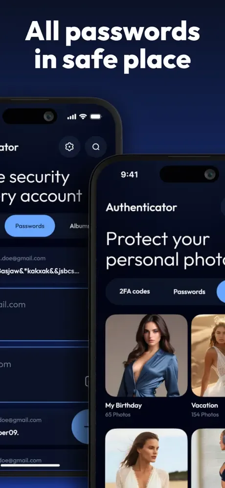 Two Factor Authenticator Passwords tab storing secure credentials and encrypted photo albums with account protection features