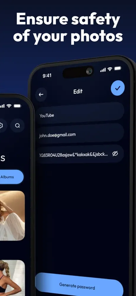 Two Factor Authenticator photo security interface with encrypted password generation and album protection with key management