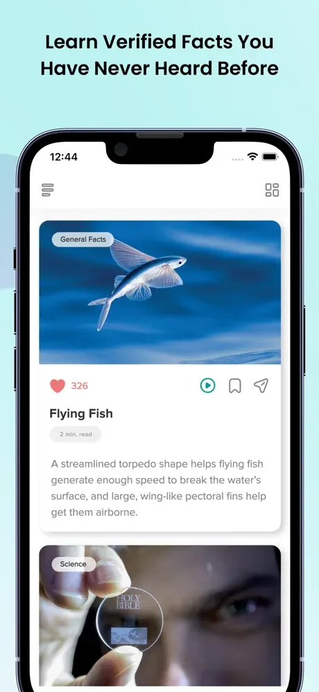 Verified facts feed displaying Flying Fish fact with image, General Facts category, likes counter, and detailed description
