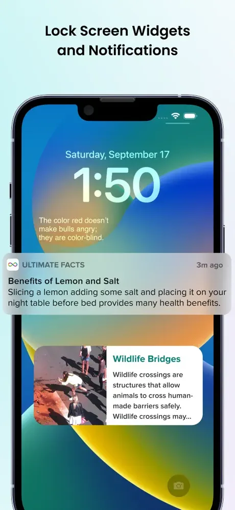 Lock screen widgets feature showing Ultimate Facts notifications with daily interesting facts and educational health tips