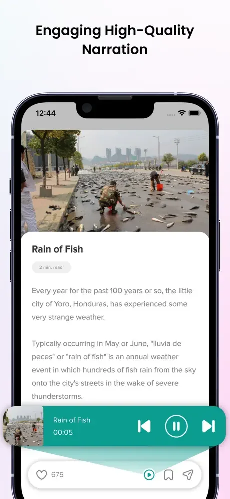 Fact detail view featuring Rain of Fish story with narration audio player controls, featured image, and engagement buttons