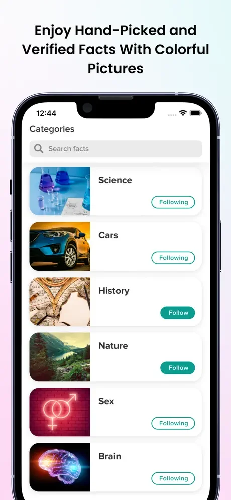 Categories browse page showing searchable fact topics including Science, Cars, History, Nature, Sex, and Brain with follow buttons
