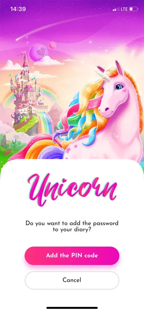 Password setup screen with magical unicorn, castle background, option to add PIN code protection to diary