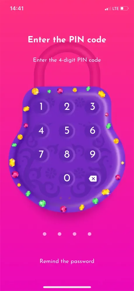 PIN code entry screen with unicorn-shaped keypad, four-digit input circles, and password recovery option for diary access