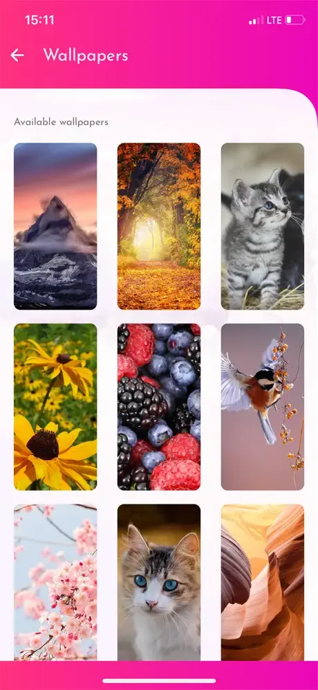 Wallpapers section with nature, animal, and scenic photography backgrounds for personalizing your diary app interface