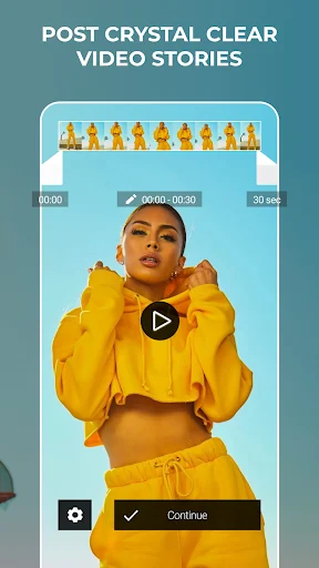 Video story creation interface showing 30-second video preview with frame timeline, playback controls, settings options, and continue button for posting