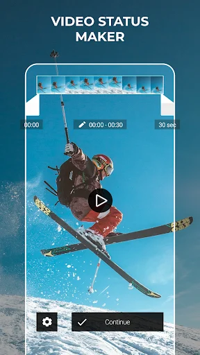 Video Status Maker displaying action video preview with 30-second duration, film strip timeline, playback controls, and editing options for HD video stories