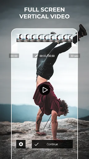 Full Screen Vertical Video editor with 30-second preview, frame strip timeline, central playback button, settings panel, and continue button for posting