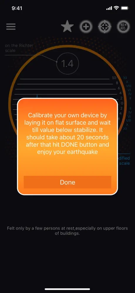 Vibration meter calibration dialog box instructing user to lay device on flat surface for 20 seconds, showing 1.4 reading and Done button for setup completion
