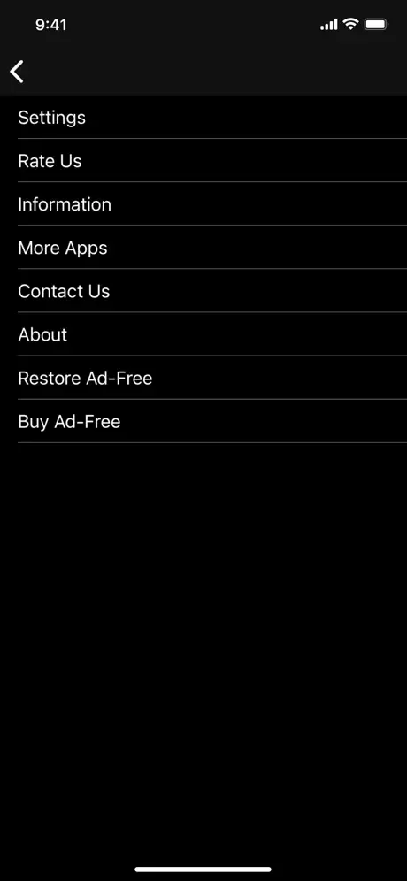 Smart Vibration Meter app menu screen with navigation options including Settings, Rate Us, Information, More Apps, Contact Us, About, Restore Ad-Free, and Buy Ad-Free