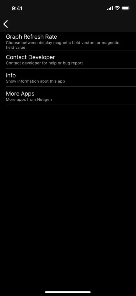 Smart Vibration Meter settings screen displaying Graph Refresh Rate options, Contact Developer for support, App Information, and More Apps from developer Netigen