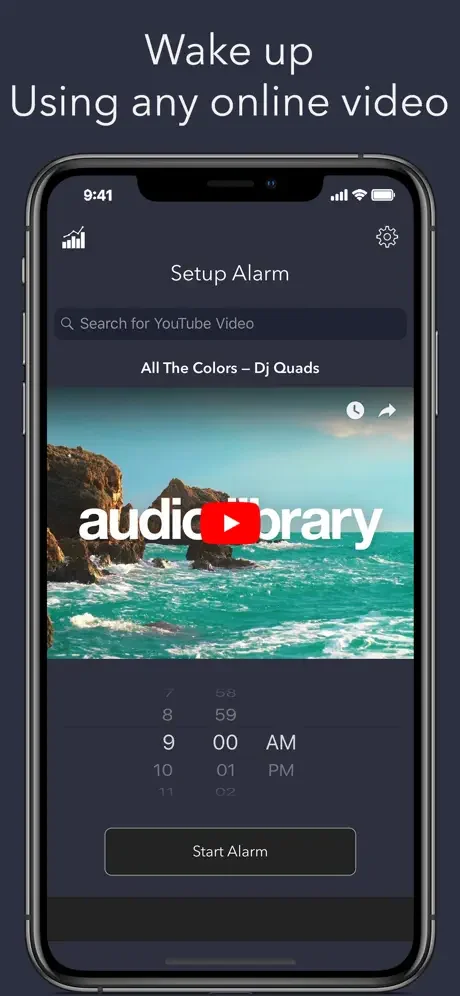 Setup alarm screen with YouTube video search, selected music video, time picker at 9:00 AM, and Start Alarm button