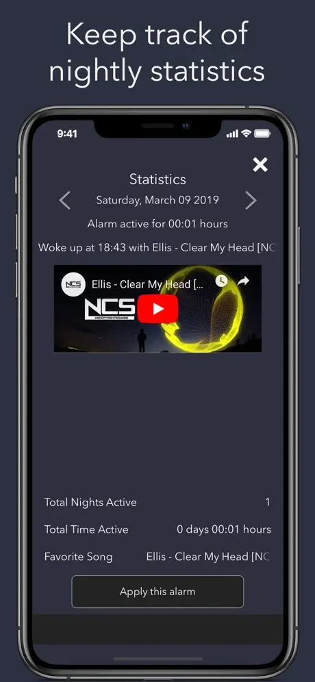 Alarm statistics displaying wake-up time, video played, alarm duration, total nights active count, and favorite song data