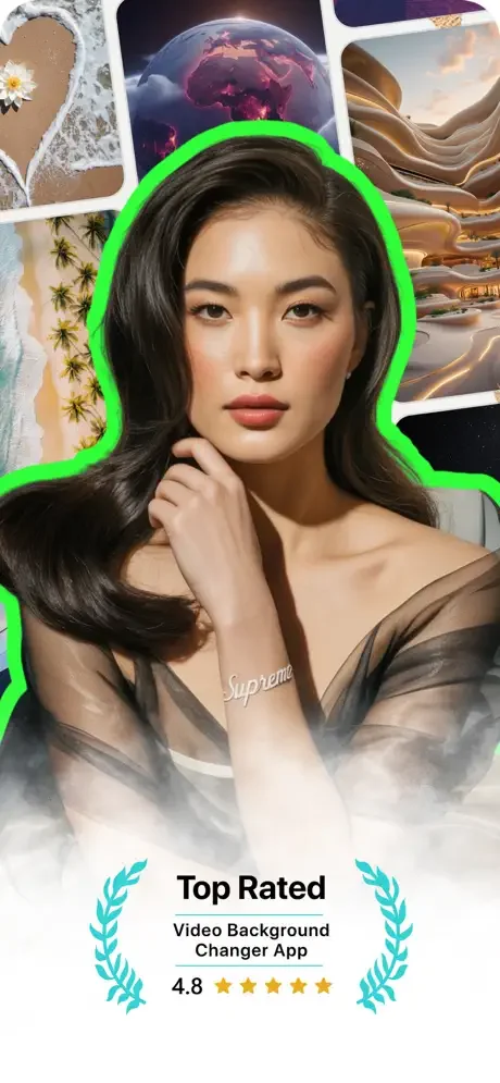 Video background changer app with portrait subject in green outline, showing 4.8-star rating and multiple background options