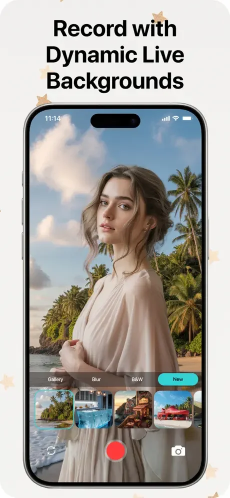 Live video recording with tropical beach background and dynamic background selection tabs for instant background changing