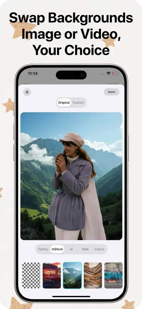 Background swap editor with mountain backdrop and tabs for Gallery, AI-generated, Web, Colors, and custom backgrounds