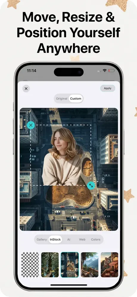 Video background editor with woman in urban cityscape showing move, resize, and positioning controls for subject placement
