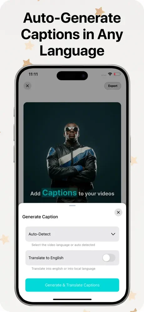Auto-generate captions feature with language detection and translation options for adding multilingual captions to videos