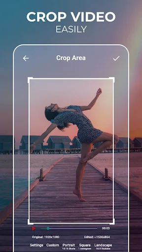 Crop video editor: adjustable crop area selector with video preview, dimension display, and customizable cropping controls