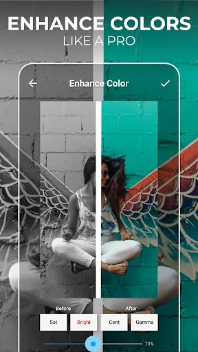 Color enhancement video editor: before/after color grading with brightness, saturation, contrast, and gamma adjustments