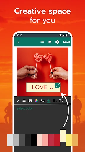 Text overlay editor with color customization tool displaying 'I LOVE U' text on photo and adjustable color palette for styling