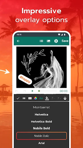Video overlay editor with text tool showing animated text on artistic image and font family options including Helvetica and Montserrat