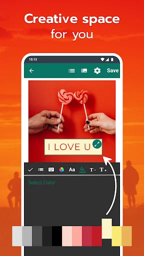 Text overlay editor with color customization tool displaying 'I LOVE U' text on photo and adjustable color palette for styling