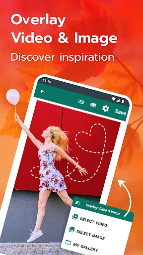 Image overlay editor interface showing decorative photo overlays on portrait with options to select videos, images, or gallery media