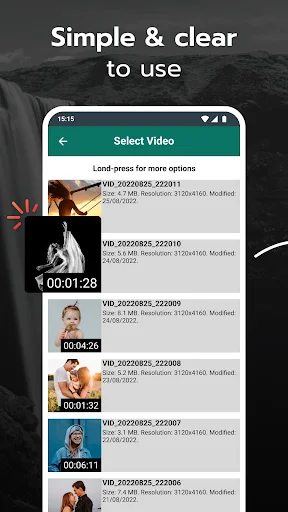 Video selection interface displaying video files with preview thumbnails, duration, file size, and modification date information