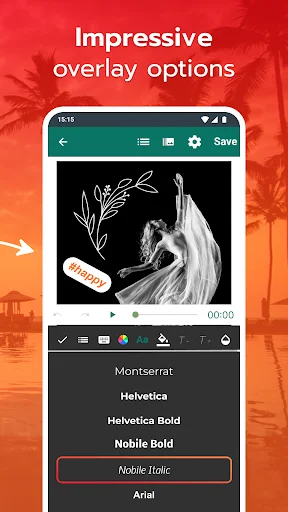 Video overlay editor with text tool showing animated text on artistic image and font family options including Helvetica and Montserrat