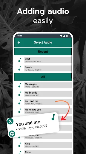 Audio overlay selection screen displaying music library with recent tracks and full catalog organized by categories and music icons